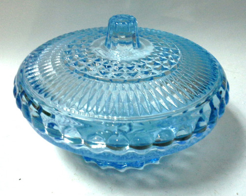 Bombonera Con Tapa Vidrio Pressed Glass Años 40 Azul