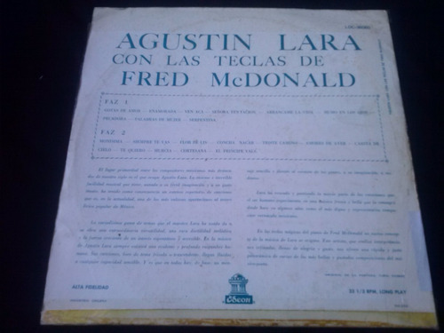Lp Agustin Lara Con Las Teclas De Fred Mcdonald (Usado)