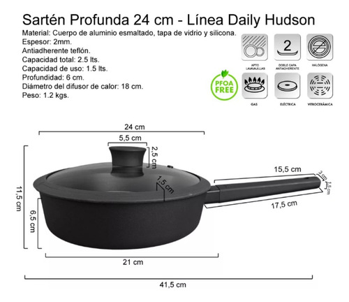 Sarten Profunda 24cm Aluminio Antiadherente Daily Hudson Fcg Negro