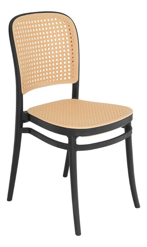 Cadeira Jantar Cozinha Cafeteria Amis Rattan Plástico Preto Assento Bege Desenho do tecido Arabesco