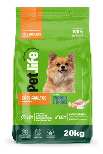 Ração Pet Life Frango E Arroz P/ Cães Adultos Raças Peq 20kg