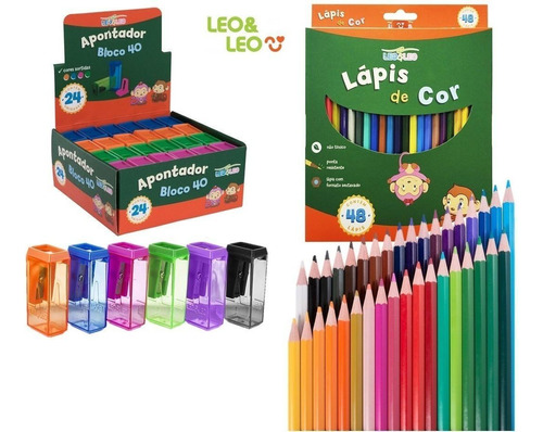 Kit 24 Apontadores Bloco + 48 Lápis De Cor Sextavado Leo&leo