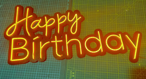 Cartel Neón Led, Happy Birthday Amarillo, 66cm, Con Fuente Amarillo
