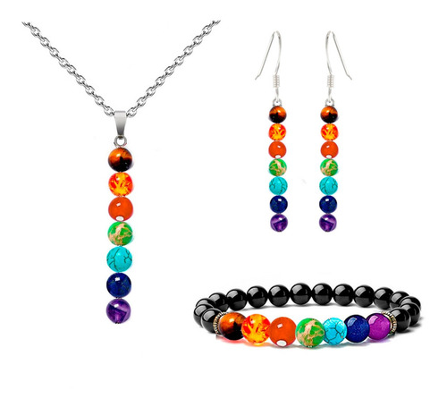 Juego Cuarzo 7 Chakras Collar Aretes Y Pulsera + Estuche 