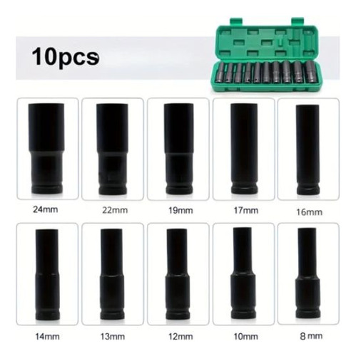 Kit Jogo Soquetes De Impacto 1/2 Pol. Longos Com 10 Peças