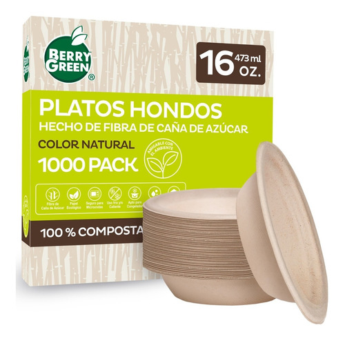 1000 Platos Hondos Desechable Resisntente Biodegradable 16oz