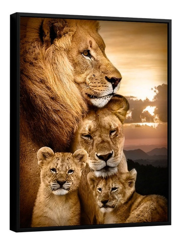 Quadro Família De Leões Colorido 100x76 Cm | Moldura Preta
