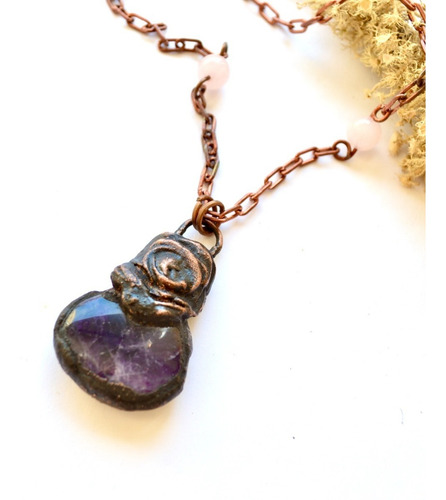 Imagen 7 de 8 de Collar Piedras Amatista, Cuarzo Rosa, Cadena De Cobre, Cod1