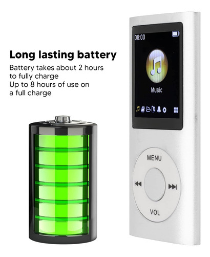 Reproductor MP3 portátil, delgado y sin pérdida de sonido, con auriculares, pantalla LCD de 1,8 pulgadas, reproductor de música digital, tarjeta de memoria no incluida (plateado)