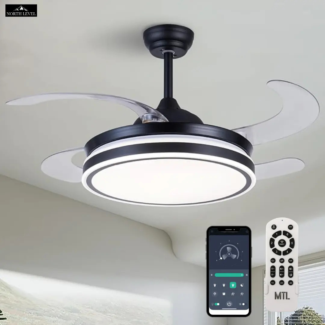 Ventilador Retráctil De Techo 4 Aspas Plásticas Transparentes Control Remoto Luz Cálida Fría Color Negro