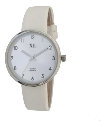 Reloj Mujer Xl Extra Large Pu Símil Cuero Color Blanco 2714 