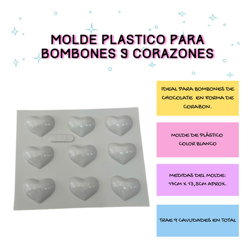 Molde Plastico Para Bombon 9 Corazones Blanco