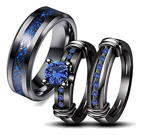 Couple Ring Bridal Set His Hers Black Gold Plated Blue Cz St