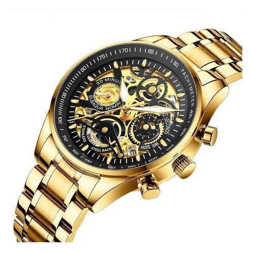 Reloj pulsera Nibosi NI2385 de cuerpo color dorado, analógico, para hombre, fondo negro y dorado, con correa de acero inoxidable color dorado, agujas color blanco y dorado, dial dorado, subesferas color negro y dorado, minutero/segundero blanco, bisel color negro y dorado y mariposa