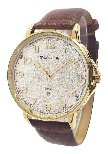 Relógio Masculino Mondaine Dourado Calendário Pulseira Couro