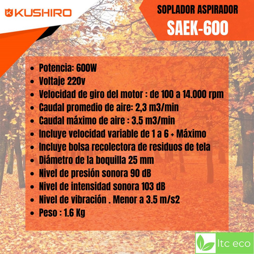 Imagen 3 de 9 de Sopladora Aspiradora Hojas Electrica 600w Soplador Kushiro