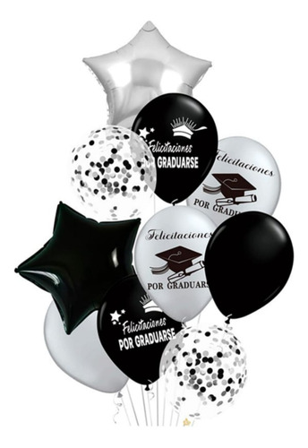 Set 10 Globos Decoración Graduación Plateado Plata Y Negro 