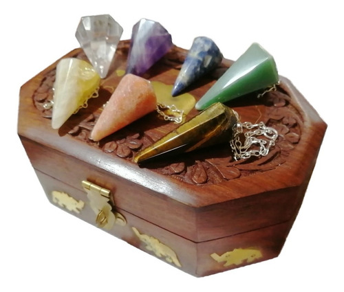 Set Caja De Madera + Pendulos Piedras Semipreciosas Chakras