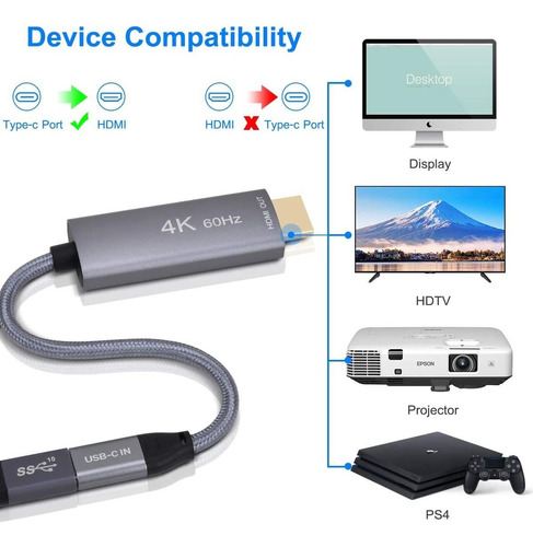 Adaptador USB C a HDMI Modo alt-DP 4 K/60 Hz ANWIKE USB Tipo C a HDMI con Cable Compatible con MBP con Puerto Thunderbolt 3 