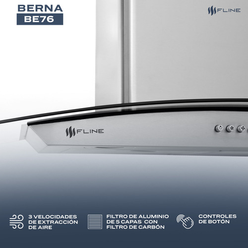 Campana Extractora De Cocina 76cm Pared Vidrio Curvo | Be76 Color Gris