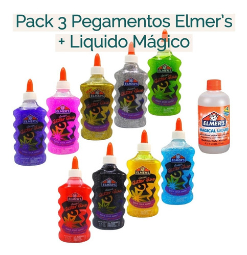 Set Slime 3 Pegamentos Glitter Elmer's + Liquido Mágico