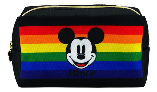 Necessaire Retangular Preta Mickey Rainbow 12x10x20cm Disney
