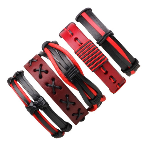 Conjunto Pulsera Brazalete Hombre 5 En 1  Moda Rojo Y Negro