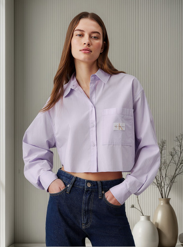 Camisa Woven Label Cropped Morado Calvin Klein