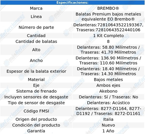 Kit De Balatas Bajos Metales Delanteras Y Traseras Mkz 2007