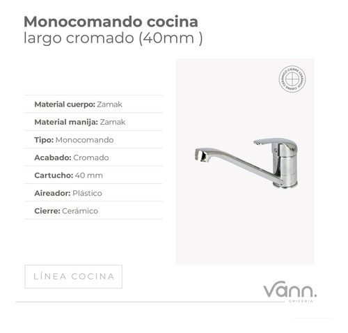 Griferia Canilla Larga Cromada Monocomando Cocina Vann Motor