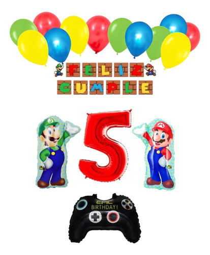 Pack Globos Super Mario + Banderín + Látex + Nro Gde