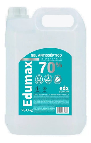 Álcool Gel 70% Antisséptico, Bactericida - Edumax 5 Litros