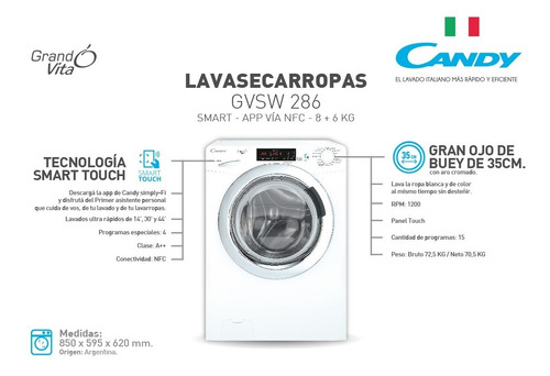 Imagen 3 de 6 de Lavasecarropas automático Candy Alisè GVSW286 blanco 8kg 220 V