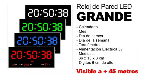 Imagen 2 de 10 de Reloj Digital De Pared Led 36 Cm Largo Termometro Calendario
