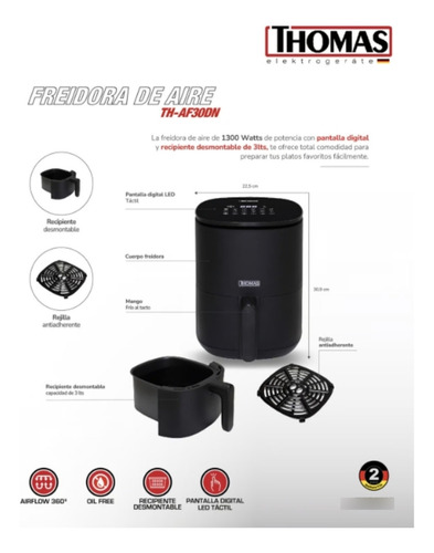 Freidora Air Fryer Th-af30dn Thomas Negro