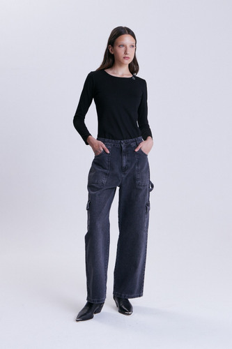 Jean Cargo Worn Black Cher Mix Negro Mujer De Algodón