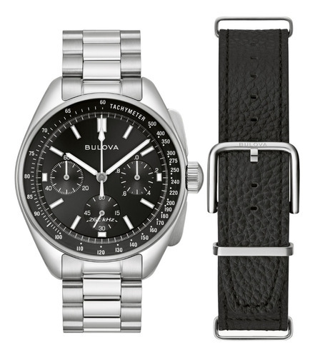 Reloj Bulova Moon Precisionist 96k111 Lunar Pilot, color de correa plateada y bisel, color negro, color de fondo negro