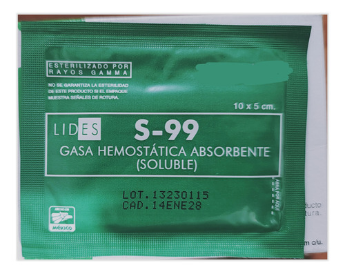 Gasa Hemostatica Lides S-99 Caja Con 20 Pzas. Crema