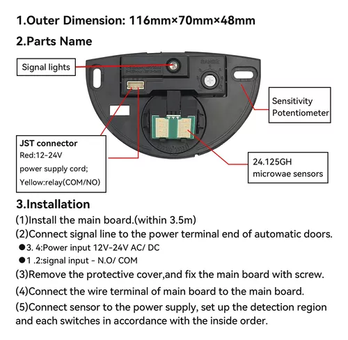  Sensor de movimiento universal de microondas 12-24v Sensores de  autodoor Sensor de 24.125GHZ para control automático de acess de puerta de  apertura Sensor de movimiento PIR Detector de infrarrojos de salida 