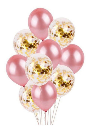 Set 10 Globos Transparente Cristal Confetti  Y Rosa Claro