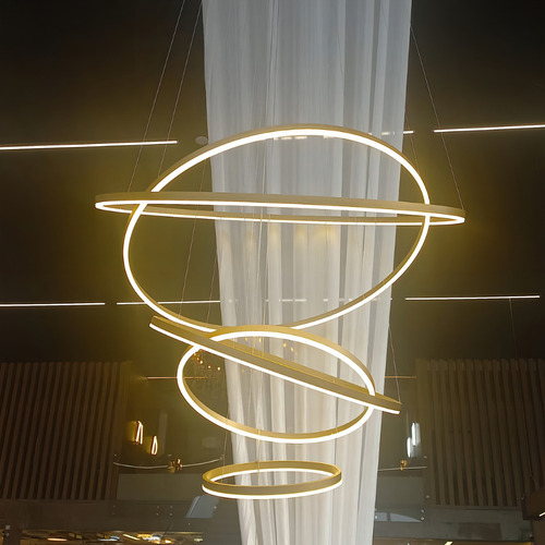 Gmh Luminária Lustre Pendente Led Teto Alto Pé Direito Duplo Hall Recepção 5 Aneis Arcos Argolas 120/100/80/60/40cm Dourado Gold Ouro Moderno 4 Metros Cabo Regulável 243w 6560 Lúmens 127/220V