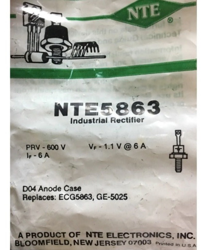 Nte 5863 Diodo Rectificador 6 A 600 V Do-4 Nte5863