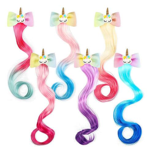 6 Peluca De Unicornio, Pinzas Para El Pelo, Lazos Para Niñas