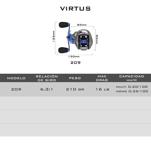 Imagen 3 de 4 de Reel Huevito Caster Virtus 209 L Baitcasting 9 Rulemanes