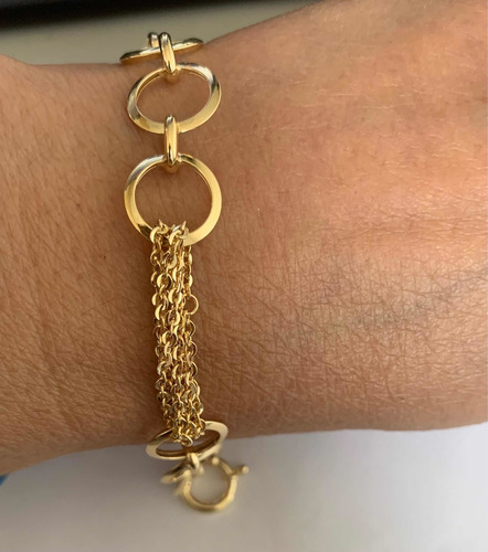 Pulseira Feminina Elos Redondo Com Coração Ouro 18k 750 19.5 Cm
