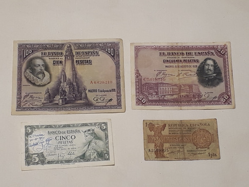 Billetes España Pesetas Antiguos Lote X 4 1,5,50,100 Mb  Bc