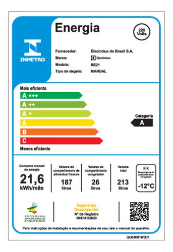 Geladeira Electrolux 213L Uma Porta com Freezer Duas Estrelas Cor Branca (RE21)