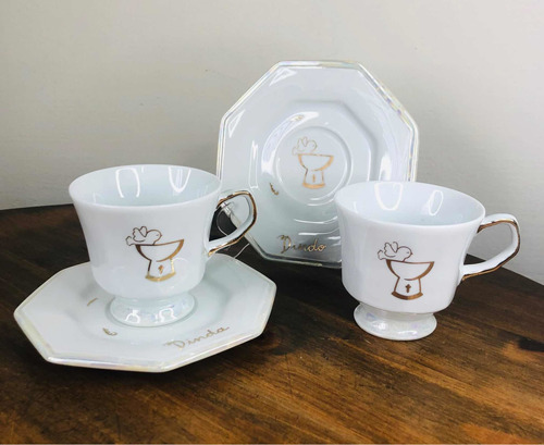 Kit Xicaras Chá Batismo Dindo E Dinda - Porcelana E Ouro