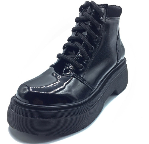 Botinetas Mujer Borcegos Negro Charol Cordones Invierno 2020