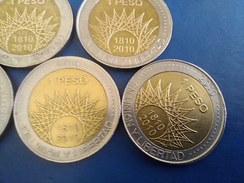 Un 1 Peso Monedas Colección X 5 Bicentenario 2010 Argentina (Usado)